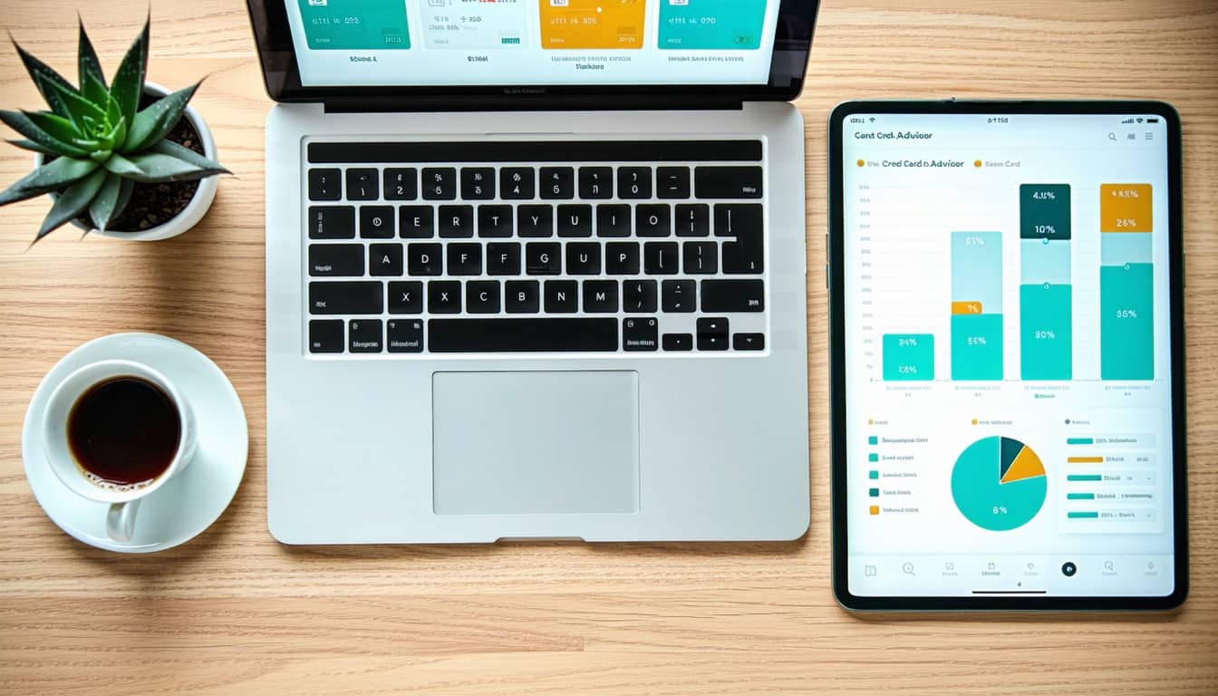 Modern desk with funding strategy dashboard, capital planning visualization, and espresso